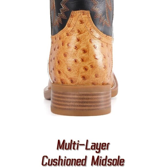 Men‘s Tan Leather Cowboy Ostrich Patter Square Toe Embroidery Western Boots main image 6